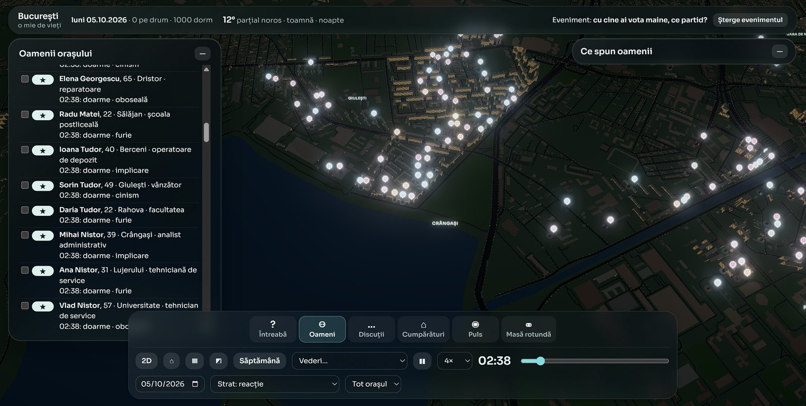 Bucharest at night in the 3D view: residents asleep in their homes near Crângași and Giulești, with the people panel open.